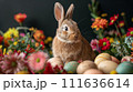 AI-generated content. Cute brown bunny surrounded by colorful easter eggs and spring flowers 111636614