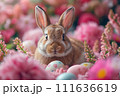 AI-generated content. Cute brown bunny surrounded by colorful easter eggs and spring flowers 111636619