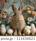AI-generated content. Cute brown bunny surrounded by colorful easter eggs and spring flowers 111636621