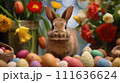 AI-generated content. Cute brown bunny surrounded by colorful easter eggs and spring flowers 111636624