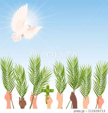 Palm Sunday celebration vector banner. Hands of people of different nationalities are raised with palm branches. White dove in the sky, the embodiment of the holy spirit. Postcard in cartoon style. 111636713