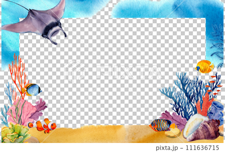 Rectangular frame with tropical bright fish, corals and stingray. Watercolor illustration with sea splashes and paint stains. For cards, posters, menus, beach and sea accessories. 111636715