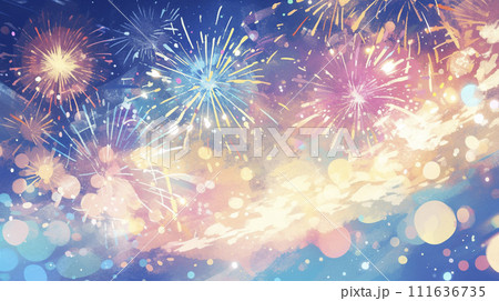夜空に広がる花火の水彩画　AI画像 111636735