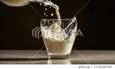 Silky milk cascades into a crystal clear glass against a dark backdrop 111636780