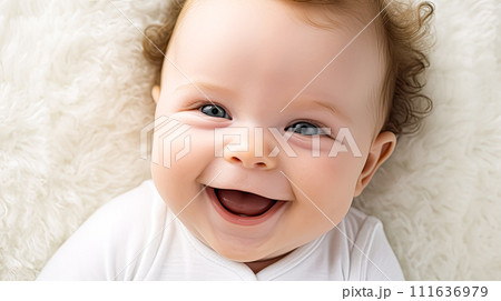 Experience heartwarming joy as a cute baby shares a radiant smile. 111636979