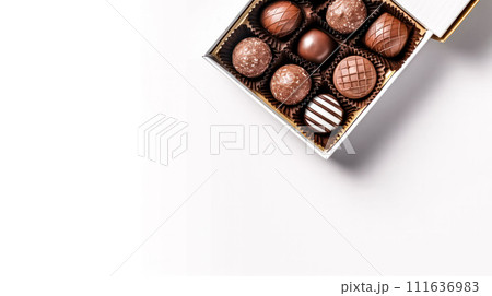 A delightful box of chocolates, elegantly placed against a pristine white background 111636983
