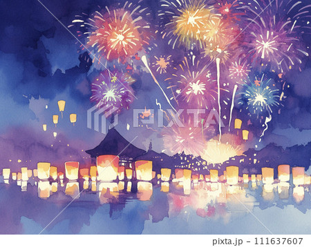 日本の夏の夜に咲く花火と灯ろう流し　AI画像 111637607