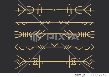 Set golden nordic celtic runes borders, dividers norse protection symbols line style, amulet, witchcraft signs on dark background. 111637735