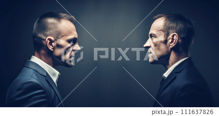 AI-generated content. Two businessmen facing each other, with aggressive facial expressions, on a dark blue background, copy space  111637826