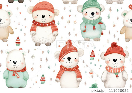 AI-generated content. Mix Christmas teddy bears on white seamless background, wrapping paper AI-generated content. Mix Christmas teddy bears on white seamless background, wrapping paper 111638022