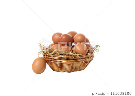 PNG, eggs in a round basket, isolated on white background. 111638106