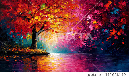 Painting of a tree with colorful flowers in the autumn season. Oil color painting. 111638149