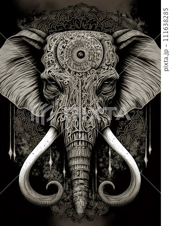 Graphic ornate portrait of elephant on dark background 111638285