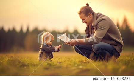 a little son and father bond over flying a kite 111638286