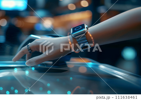 AI-generated content. Contactless payment concept - closeup of a wearable on hand 111638461