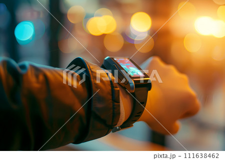AI-generated content. Contactless payment concept - closeup of a wearable on hand 111638462