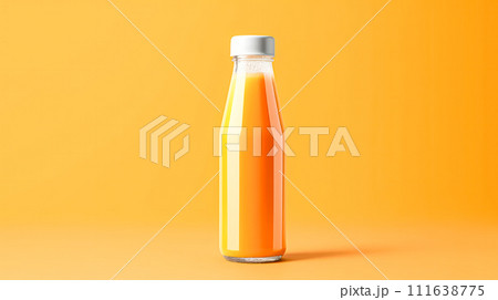 Orange juice in a glass bottle on an orange backdrop. 111638775