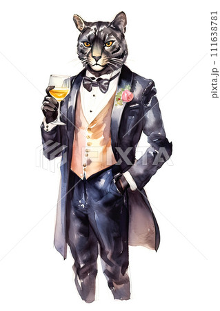 watercolor black panther raising a glass of champagne in a cheerful toast watercolor black panther raising a glass of champagne in a cheerful toast 111638781