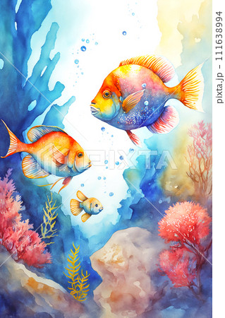 Digital watercolor illustration of fishes 111638994