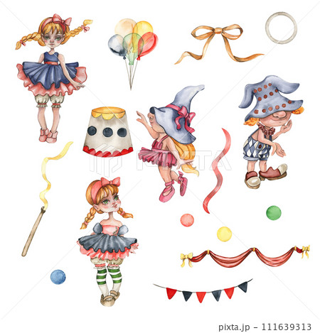 Watercolor circus set of elements in vintage style. Perfect for wedding, invitations, blogs,card templates, birthday and baby cards, patterns, quotes. Cute circus staff. 111639313