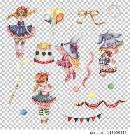 Watercolor circus set of elements in vintage style. Perfect for wedding, invitations, blogs,card templates, birthday and baby cards, patterns, quotes. Cute circus staff. 111639313