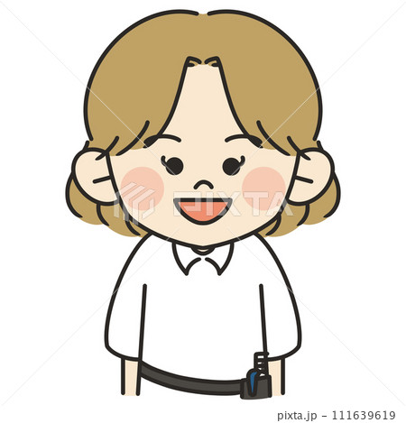 茶髪の女性美容師が正面を向いて説明しているイラスト 111639619