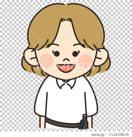 茶髪の女性美容師が正面を向いて説明しているイラスト 111639619