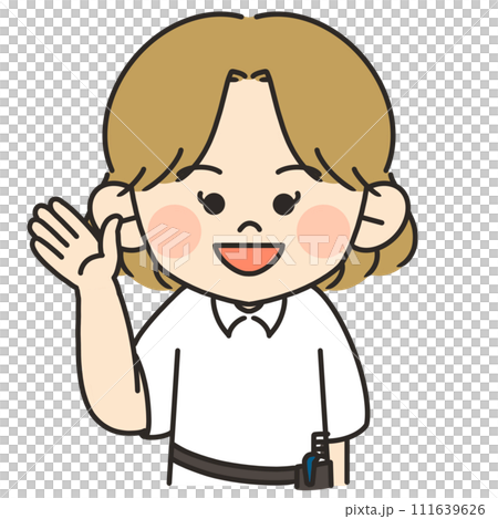 棕髮女理髮師舉手解釋的插圖 棕髮女理髮師舉手解釋的插圖 111639626