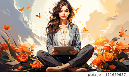 Girl in a leisurely pose with a laptop 111639627