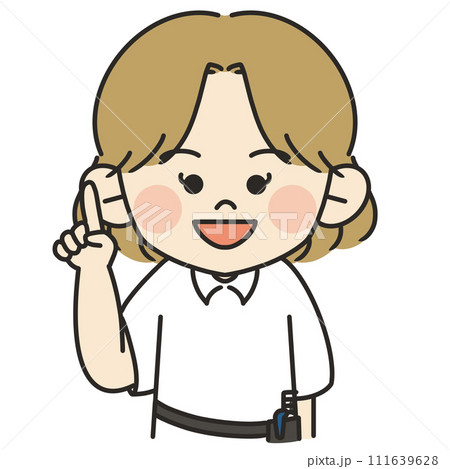 茶髪の女性美容師が指差しポーズをして説明しているイラスト 111639628