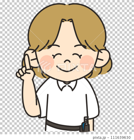 一位棕髮女理髮師做指向姿勢的插圖 111639630