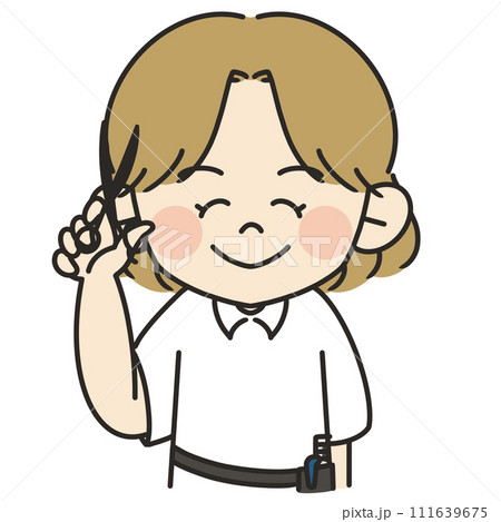 茶髪の女性美容師がハサミを持って微笑んでいるイラスト 111639675