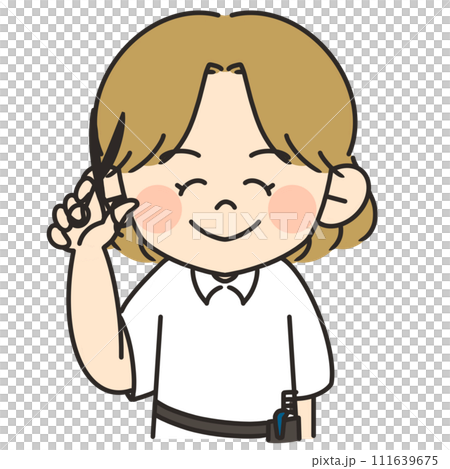 棕髮女理髮師拿著剪刀微笑的插圖 111639675
