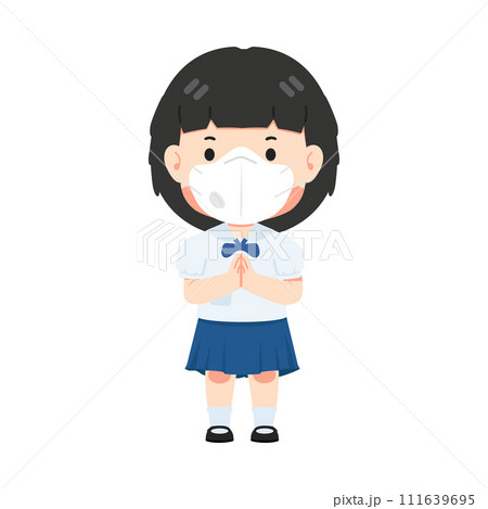 Cute student boy wearing face mask greeting sawasdee 111639695