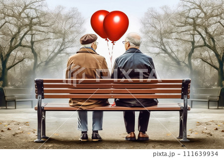 Eternal friendship: seniors sitting together with red balloons in the park - Generative AI 111639934