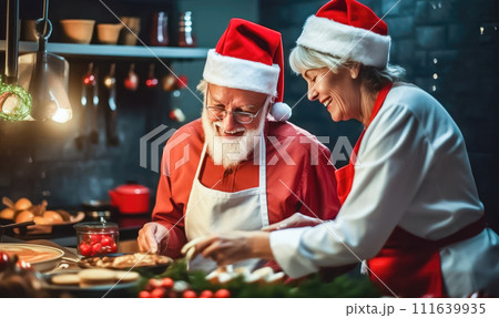Festive Christmas Cooking: Elderly Couple in Santa Hats - Generative AI Festive Christmas Cooking: Elderly Couple in Santa Hats - Generative AI 111639935
