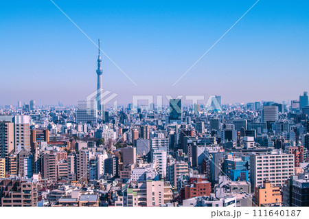 日本の東京都市景観 押上駅方面や東京スカイツリーなどを望む 111640187
