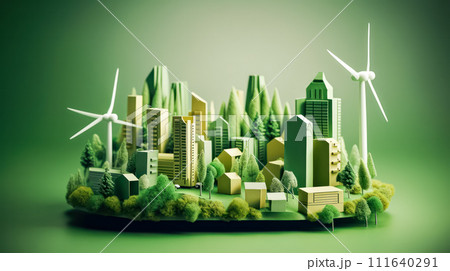 Energy saving house concept with solar panels and a windmill Energy saving house concept with solar panels and a windmill 111640291