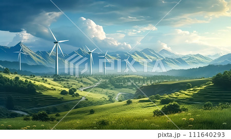 Beautiful wind turbine in the countryside against a sunset background. Beautiful wind turbine in the countryside against a sunset background. 111640293