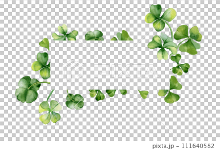 Border with shamrock and clover watercolor illustration isolated on white background. Painted green four leaves. Hand drawn Celtic symbol. Design element for St.Patricks day postcard, package 111640582