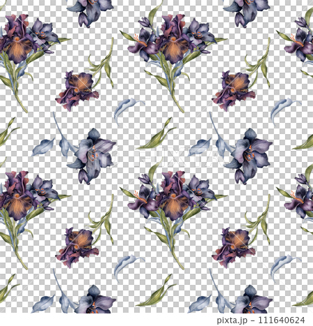 Seamless pattern with watercolor bunch of dark flowers and leaves isolated on white. Gothic floral print hand drawn. Dark botanical decoration with lily, iris. Element for textile, backdrop, paper Seamless pattern with watercolor bunch of dark flowers and leaves isolated on white. Gothic floral print hand drawn. Dark botanical decoration with lily, iris. Element for textile, backdrop, paper 111640624