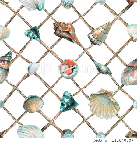 Seashells are hung on a fishing net made of ropes. Hand drawn watercolor illustration. Seamless marine, beach, summer pattern for decoration and design of textiles, clothing, accessories. Seashells are hung on a fishing net made of ropes. Hand drawn watercolor illustration. Seamless marine, beach, summer pattern for decoration and design of textiles, clothing, accessories. 111640907