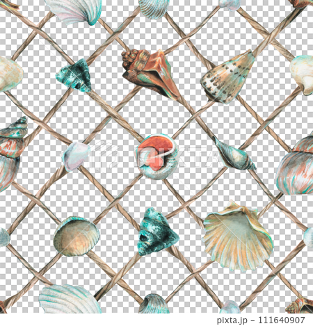 Seashells are hung on a fishing net made of ropes. Hand drawn watercolor illustration. Seamless marine, beach, summer pattern for decoration and design of textiles, clothing, accessories. Seashells are hung on a fishing net made of ropes. Hand drawn watercolor illustration. Seamless marine, beach, summer pattern for decoration and design of textiles, clothing, accessories. 111640907