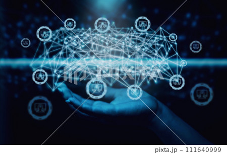 Hand holding virtual data network web internet connections with communication users database 111640999
