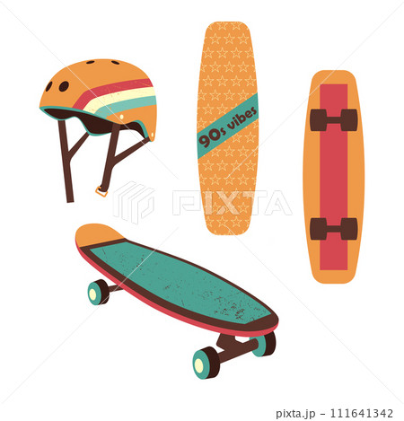 Set of skateboards and skater helmet. Vector illustration in 90s style, in retro colors. Set of skateboards and skater helmet. Vector illustration in 90s style, in retro colors. 111641342
