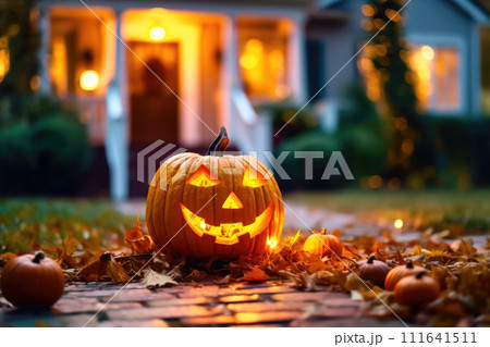 Luminous Pumpkin Lantern - Halloween Delight - Generative AI 111641511