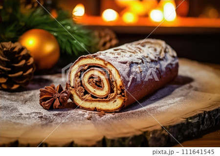 Festive Yule Log Cake on Holiday Table Setting - Generative AI Festive Yule Log Cake on Holiday Table Setting - Generative AI 111641545