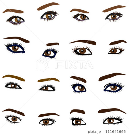 女性の眉目パーツモデルイラスト集03。眉と目とまつ毛周りのイラストのセット。 女性の眉目パーツモデルイラスト集03。眉と目とまつ毛周りのイラストのセット。 111641666