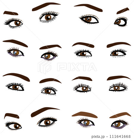 女性の眉目パーツモデルイラスト集02。眉と目とまつ毛周りのイラストのセット。 女性の眉目パーツモデルイラスト集02。眉と目とまつ毛周りのイラストのセット。 111641668