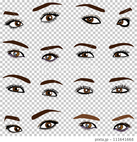 女性の眉目パーツモデルイラスト集02。眉と目とまつ毛周りのイラストのセット。 女性の眉目パーツモデルイラスト集02。眉と目とまつ毛周りのイラストのセット。 111641668